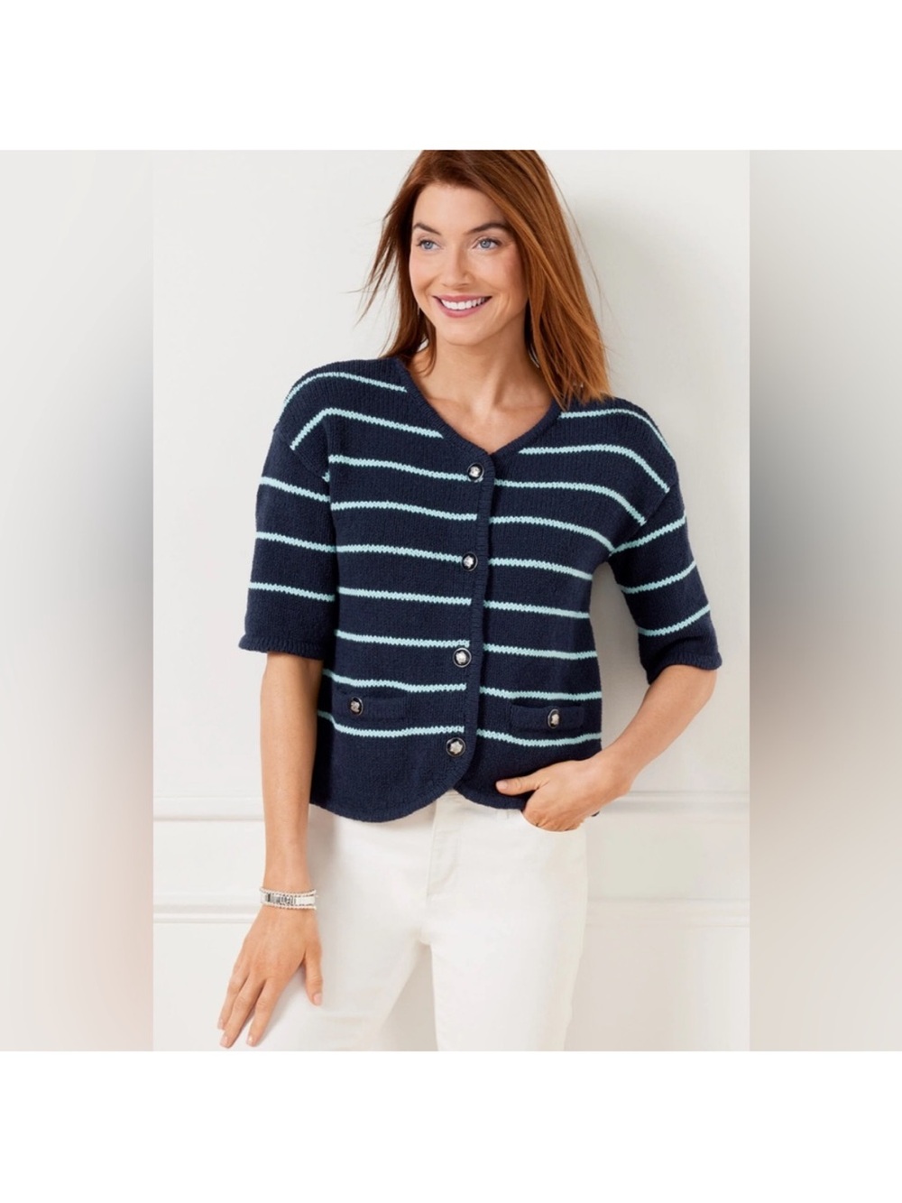 Talbots Navy and Mint-Striped Short-Sleeve Cardigan Size Large